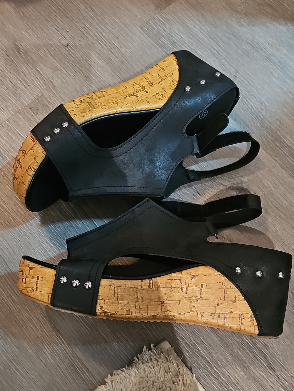Black Cork Wedge Sandals with Rhinestone Accents